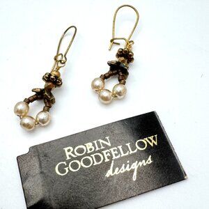 Robin Goodfellow Nature Inspired Dangle Earrings Gold-Plated Earwires Faux Pearl